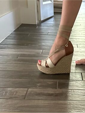 MICHAEL Michael Kors Beige and Brown Wedge Espadrille Sandals with Ankle Wrap